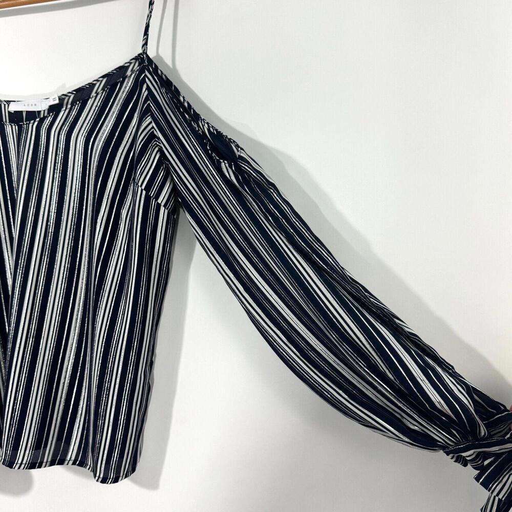 Lush Women’s Size Small Blue Silver Metallic Cold Shoulder Tie Sleeve Blouse - Picture 3 of 11